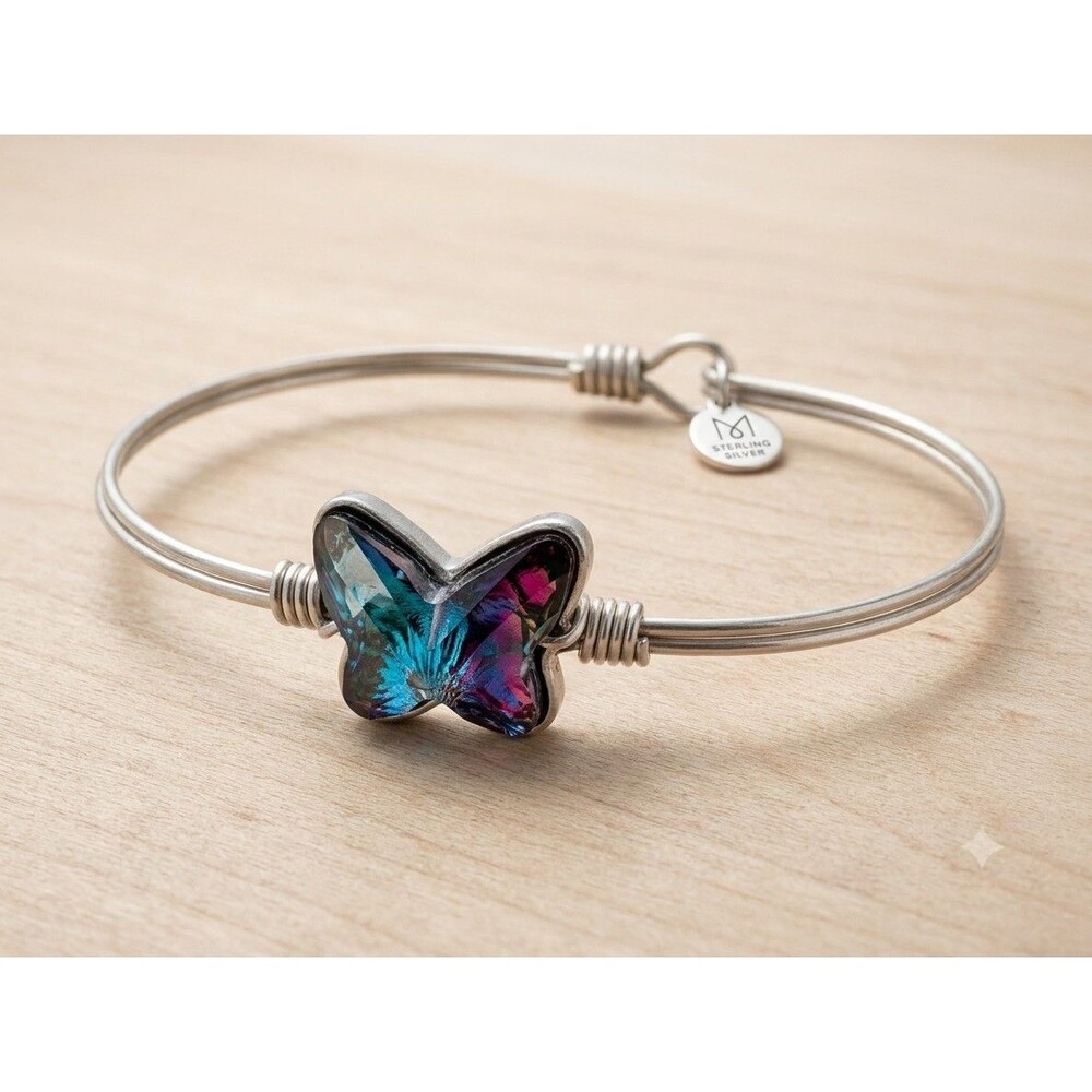 Luca + Danni Iridescent Crystal Butterfly Wire Bangle Bracelet Silver Tone L+D